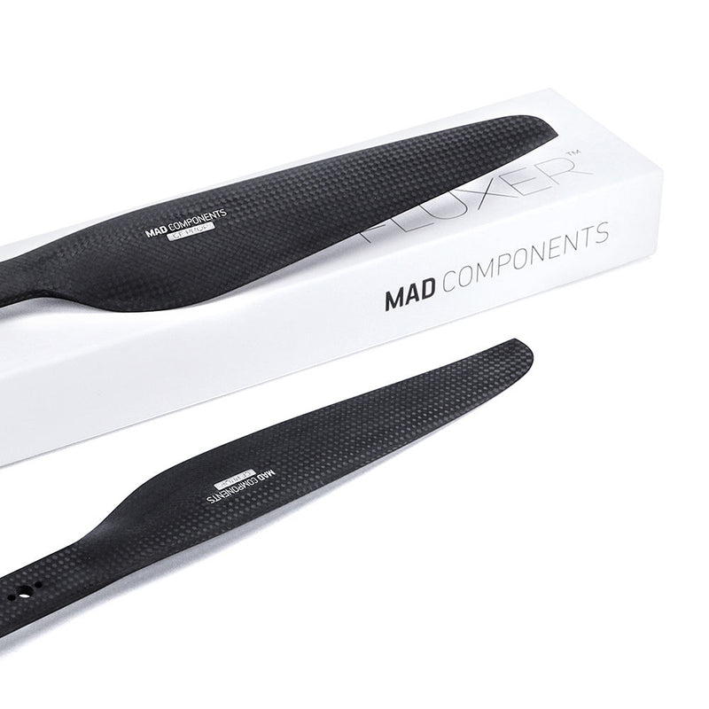 Black matte carbon fiber drone propeller blades, curved two-pack, visible brand print