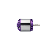 Outrunner brushless DC motor, silver body with purple mounts and output shaft