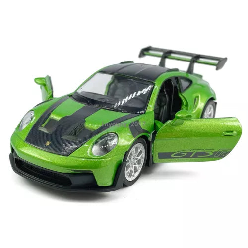 Porsche 911 GT3 RSR green diecast model car with open side door