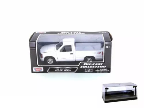 White 1:24 diecast pickup truck in clear LED display case, Motor Max 73203WH