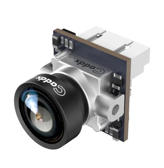 FPV analog camera with black 1.8mm lens and silver casing, side mount