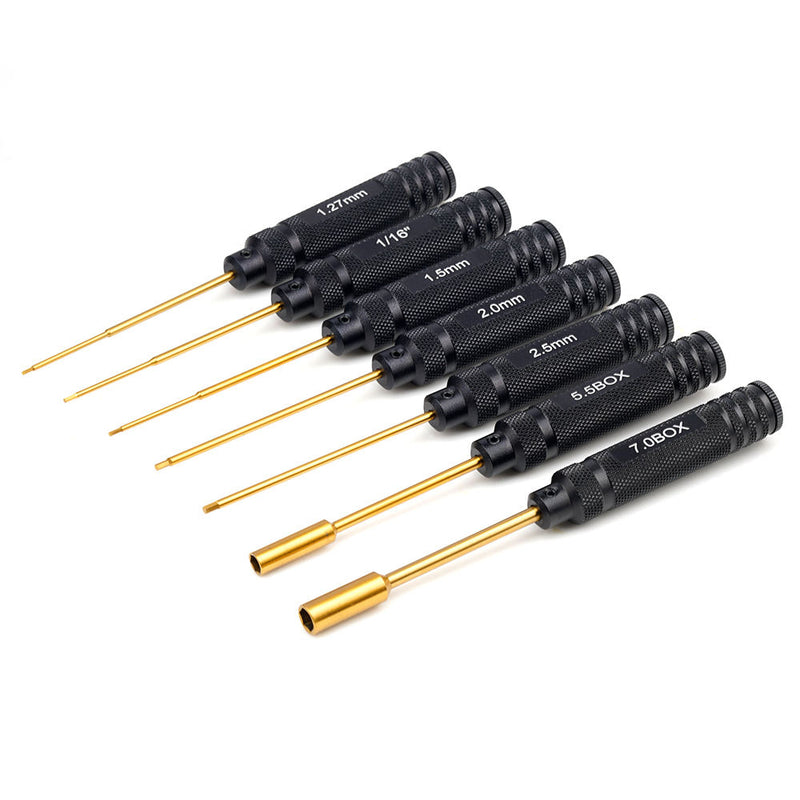 Hex screwdriver set with gold tips and black handles, multiple hex sizes