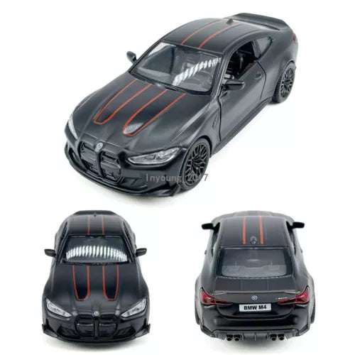 Black diecast metal model car with red racing stripes, BMW M4 rear and front views