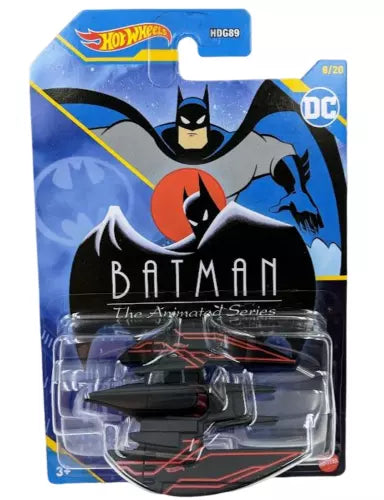 Batman Batplane metal diecast jet toy, black with red accents, in clear blister