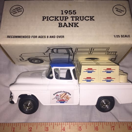 White 1955 pickup truck bank with open bed and stacked storage boxes, 1/25 scale