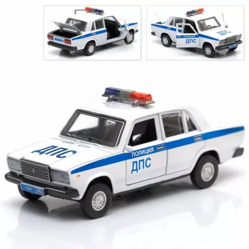 Police diecast toy car, white with blue stripe and roof light bar, 1/36 scale