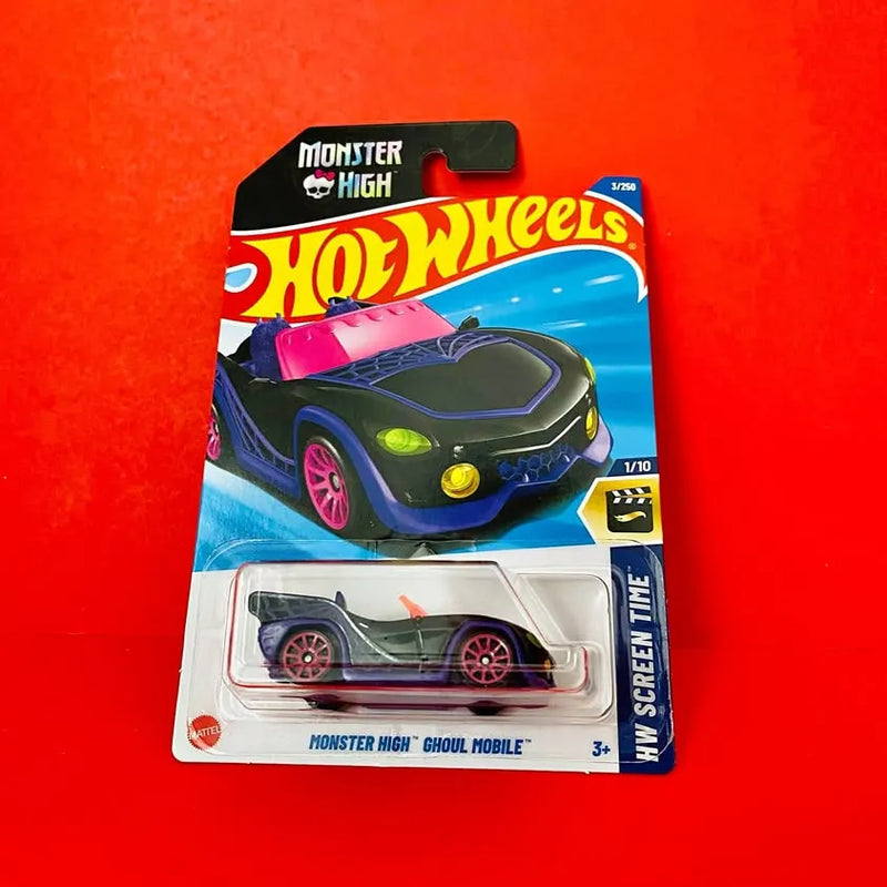 Monster High Ghoul Mobile diecast car in Hot Wheels blister pack, dark blue with green lights