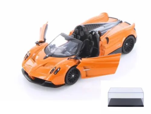 Orange diecast roadster car model with black accents and display stand