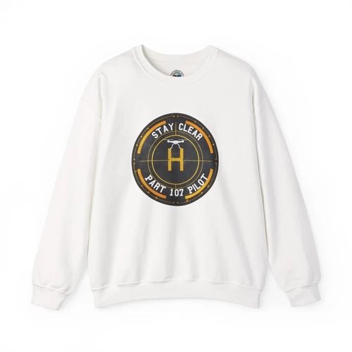 White crewneck sweatshirt with long sleeves and chest drone graphic print
