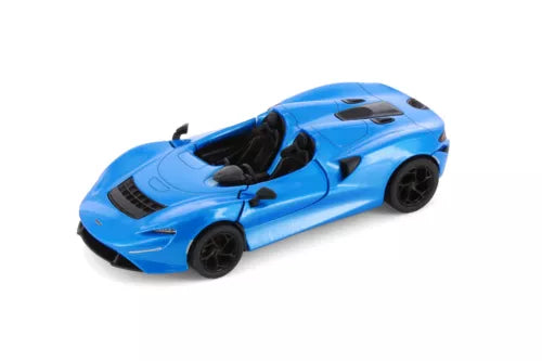 Blue convertible diecast car with black roof and wheels, front 3/4 view