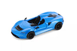 Blue convertible diecast car with black roof and wheels, front 3/4 view