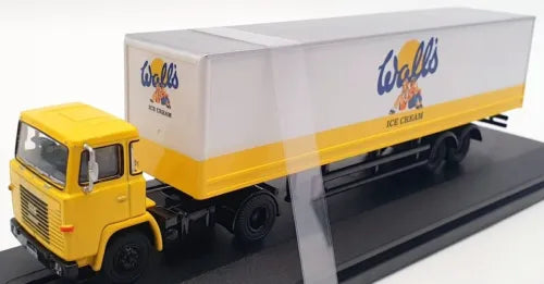 Yellow diecast Scania 40ft trailer truck with white ice cream walls box and black wheels
