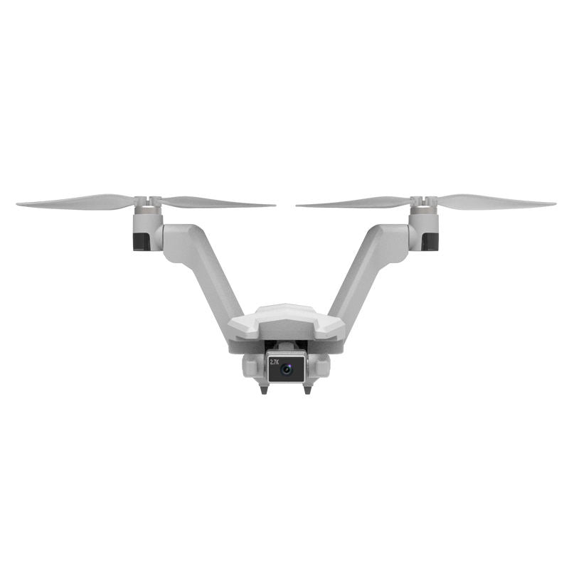 White quadcopter drone with front camera and four propellers
