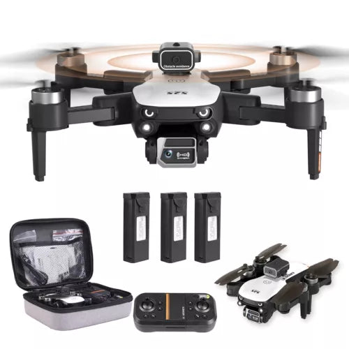 Foldable dual-camera drone with controller, 3 batteries, and carrying case