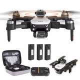 Foldable dual-camera drone with controller, 3 batteries, and carrying case