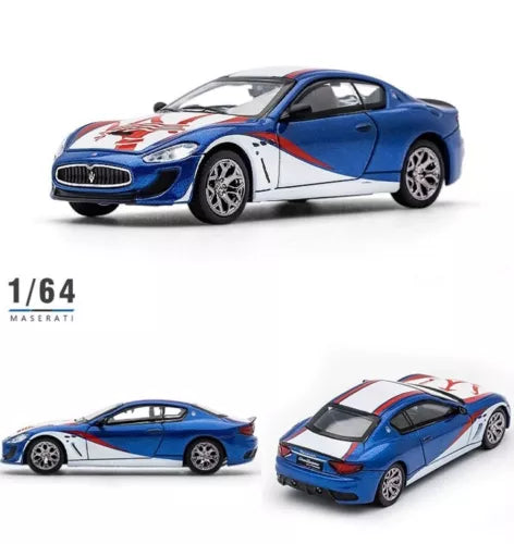 1/64 scale Maserati GT coupe diecast model car, blue with white side panels and red stripes