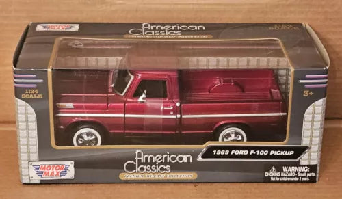 Burgundy 1969 Ford F-100 diecast pickup truck in retail box, 1:24 scale