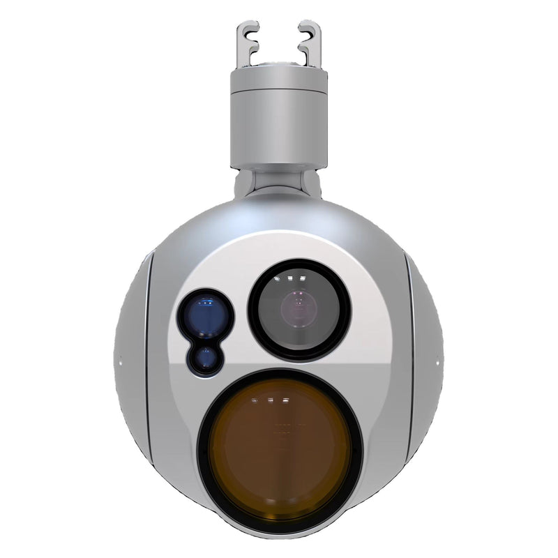 Three-light gimbal camera drone pod with multiple lenses, gray