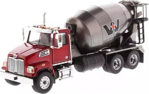 Diecast concrete mixer truck with red cab and gray rotating drum on black chassis