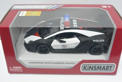 Die-cast police car model, black and white, Lamborghini Sesto Elemento, in box