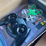 RC drone controller with two joysticks and buttons, black body