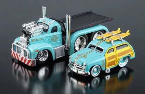 Turquoise diecast flatbed truck with teal-and-yellow woody car and chrome details