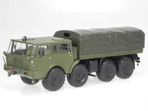 Olive green 8x8 military truck diecast model with canvas cargo cover
