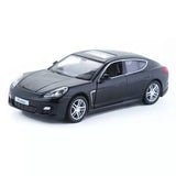 Diecast pull-back toy car of a dark gray sedan with silver wheels