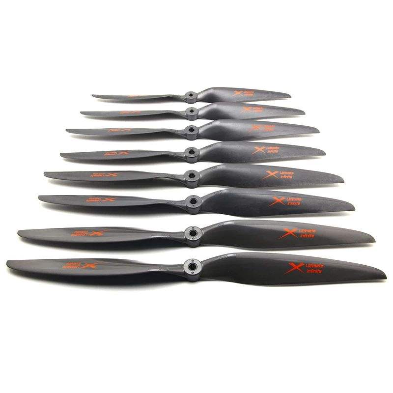 Fixed-wing drone propeller set with multiple dark gray blades and orange markings