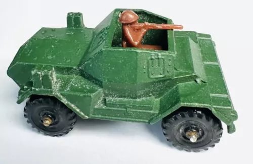 Green diecast military scout car with open cab and four wheels