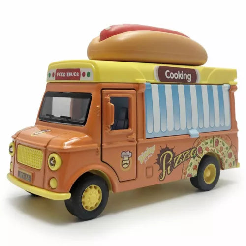 Diecast hot dog truck toy with striped serving window and open side door