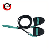 Swimming training paddles, black with teal straps and elastic cord