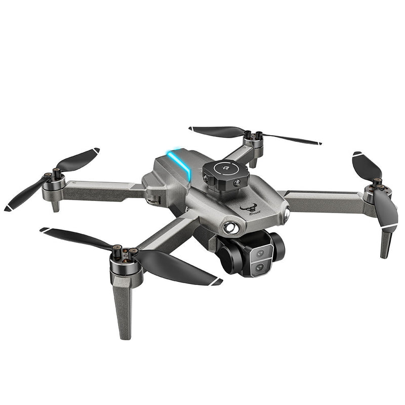 Professional GPS drone with 4 rotors, gimbal camera, and blue LED accent