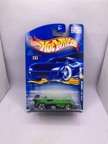 Hot Wheels diecast race car on blister card, green body with black details