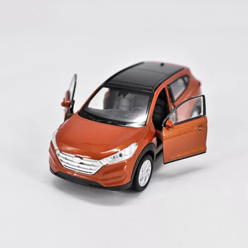 Orange 1:36 diecast model car with open driver-side door