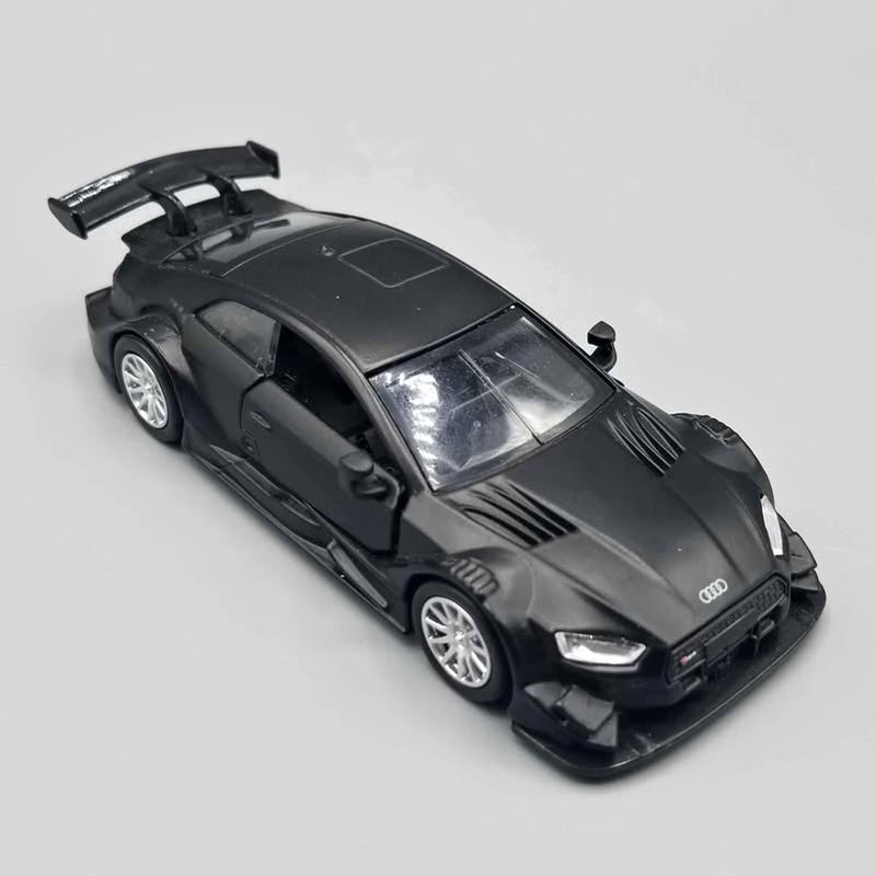Diecast sports car model with black body, front wing, vented hood and silver wheels