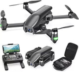 Foldable GPS drone with 4K camera, gray body and propellers; remote controller and case