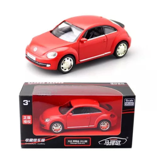 Red diecast Volkswagen New Beetle model car with pull-back action, front and side view.