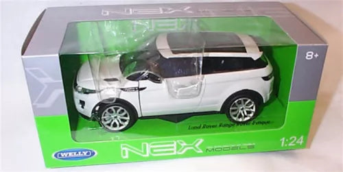 1:24 Range Rover Evoque diecast model car in white, shown in retail box