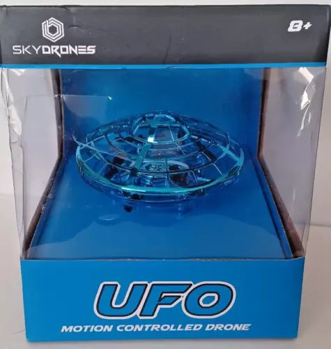 UFO motion-controlled drone in metallic blue retail box