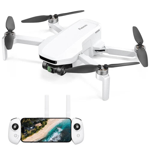White quadcopter drone with gimbal camera and foldable propellers, plus controller with screen