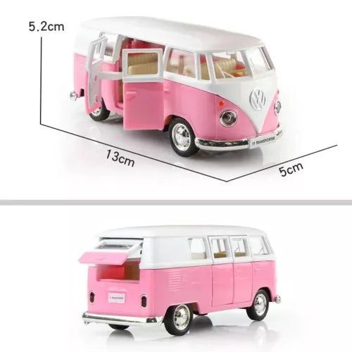 Pink and white VW T1 bus diecast toy van, detailed windows and wheels
