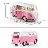 Pink and white VW T1 bus diecast toy van, detailed windows and wheels