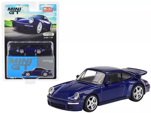 Mini GT 1:64 dark blue metal diecast sports car model, front 3/4 view