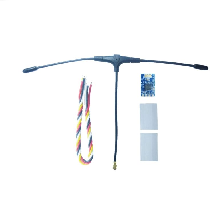 FPV drone receiver PCB with antenna wires and mounting shims