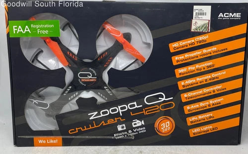 RC quadcopter drone with HD camera, orange and black, shown on packaging