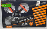 RC quadcopter drone with HD camera, orange and black, shown on packaging