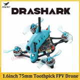 Turquoise 75mm toothpick FPV drone with 4 propellers and tall antenna