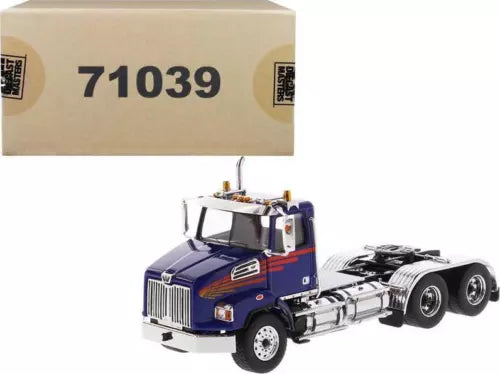 Blue Western Star 4700 SB tandem day cab tractor diecast model with chrome grille