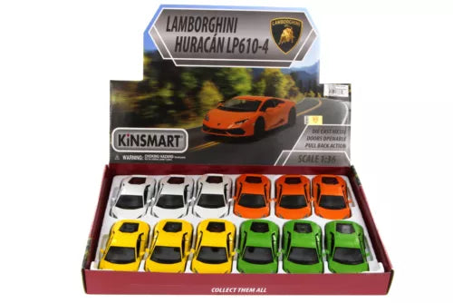 Box set of 12 assorted 1/36 diecast cars in orange, yellow, and green